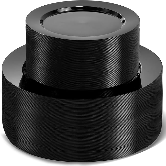200 PCS Black Plastic Plates, Plastic Black Disposable Plates Include 100 10 inch Dinner Plate and 100 7 inch Dessert Plate Perfect for Party, Wedding