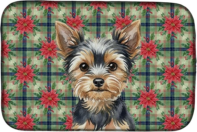 Caroline's Treasures Black and Tan Yorkshire Terrier Christmas PoinsettIas Dish Drying Mat Absorbent Dish Drying Mat Pad for Kitchen Counter Dish Drainer Mat for Countertop, 14 x 21", Multicolor