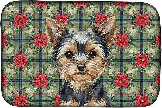 Caroline's Treasures Black and Tan Yorkshire Terrier Christmas PoinsettIas Dish Drying Mat Absorbent Dish Drying Mat Pad for Kitchen Counter Dish Drainer Mat for Countertop, 14 x 21", Multicolor