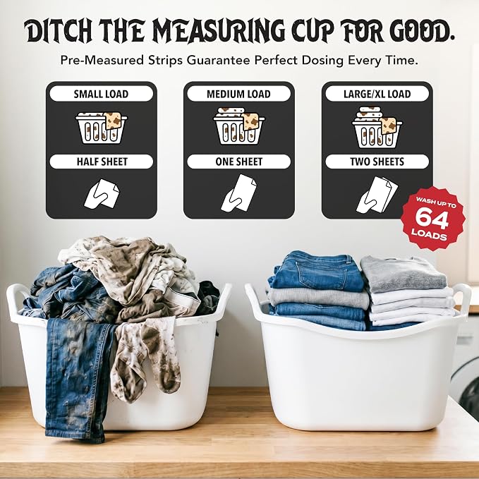 Death to Dirt Laundry Detergent Sheets, 64 Loads, Tough on Stains and Odors, Gentle on Skin and Fabric, Plant-Based & Eco-Friendly, Final Fresh Linen Scent, 32ct
