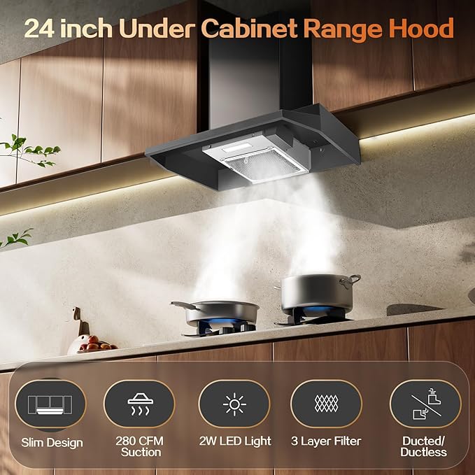 24 inch Range Hood Under Cabinet, Black Kitchen Hood 280CFM, Ducted/Ductless Vent Hood with Rocker Button Control, Stove Hood with 2 Speeds Fan, Bright LED Light