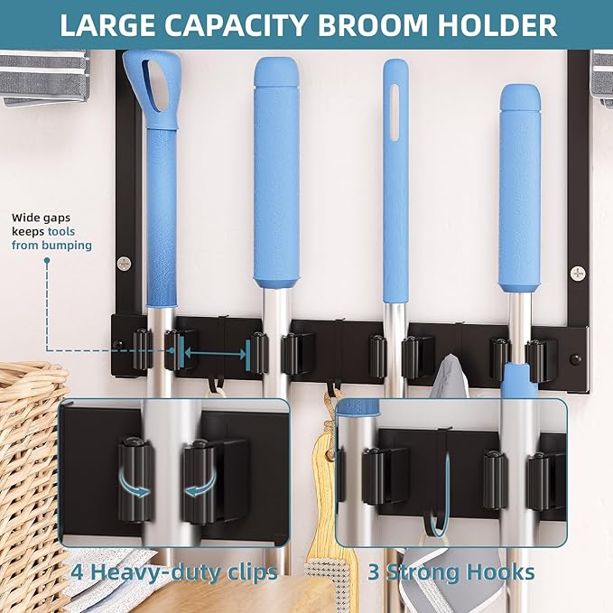 Broom Holder Wall Mount with Cleaning Supplies Organizer, Laundry Room Organization and Storage Shelves, Mop Hanger Broom Rack with Hooks, Home Improvement Kitchen Shelf Garage Organizer