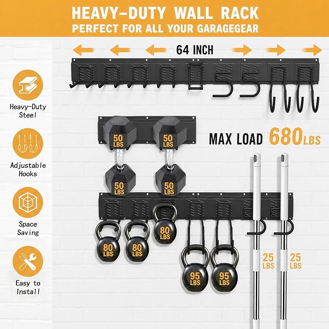 CBWLWJ Garage Tool Organizer Wall Mount, 64 inch Garage Wall Organizer, 680lbs Sturdy Garden Tool Organizer with 9 Adjustable Hooks, for Yard, Shed, Basement, Workshop(Black)