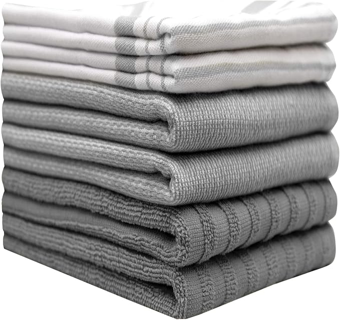 Premium Kitchen Towels (20”x 28”, 6 Pack) | Large Cotton Dish Towels | Flat & Terry Highly Absorbent Kitchen Linen Set with Hanging Loop | Grey Striped