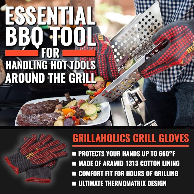 Grillaholics Bristle Free Grill Brush + High Heat Grilling Gloves + Vegetable Grill Basket Bundle
