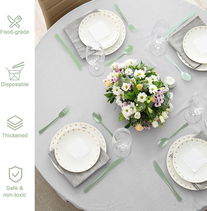 Kochorie 300 Pieces Graduation Sage Green Plastic Silverware Heavy Duty Plastic Cutlery Set Heavyweight Disposable Flatware Includes Spoons Forks Knives for Birthday Party Prom Night Wedding Dinner