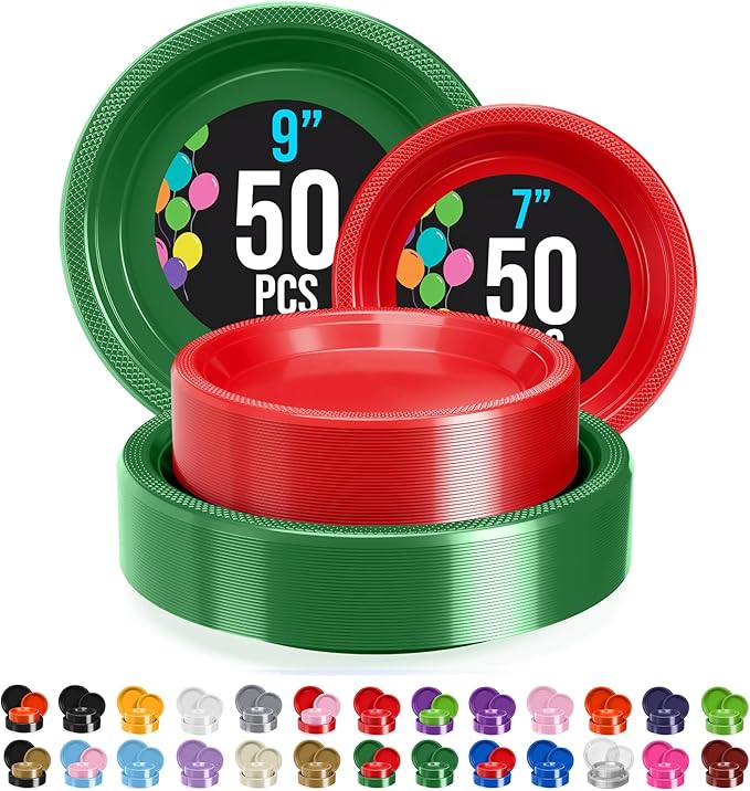 Exquisite Party Solids Green & Red Plates Disposable Green & Red Plastic Plates 100 Pieces - 50-7" & 50-9" Heavy Duty 350 GSM Disposable Dinnerware Sets, Plastic Dinnerware Sets