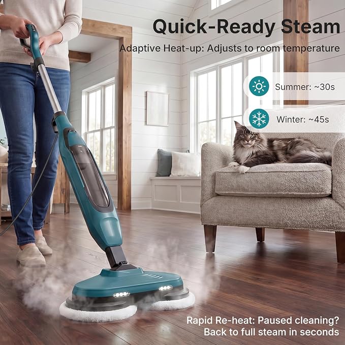 OLIXIS Steam Mop, All-in-One Scrubbing Steam Mops for Floor Cleaning with Rotating Pads, Floor Steamer with 2 LED Lights, 4 Cleaning Modes, Swivel Steering, 16.4 FT Cord, Safe for Hardwood and Tile