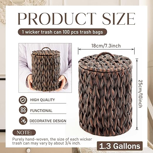 Ctosree 1.3 Gallons Small Trash Can with Lid Handle Boho Woven Braided Bathroom Waste Basket Trash Can with 100 Garbage Bags for Bedroom Office Laundry(Braided Polypropylene, Dark Brown)