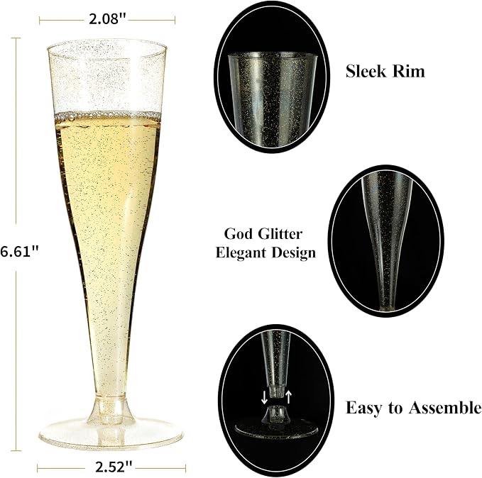 Bestluck 200 Pack Champagne Flutes Plastic, 4.5 oz Gold Glitter Plastic Disposable Stemware, Disposable Champagne Flutes for Party, Mimosa Bar, Wedding, Anniversary and Graduation