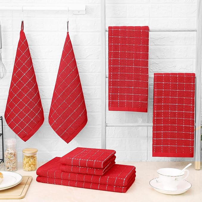Homaxy Kitchen Towels and Dishcloths Set, 12 x 12 and 13 x 28 Inches, Set of 16 Bulk Cotton Terry Kitchen Towels Set, Checkered Designed, Soft and Super Absorbent Dish Towels, Red