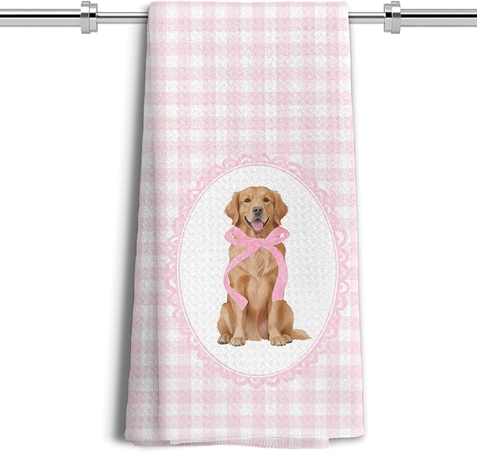 Coquette Pink Bow Golden Retriever Gifts Kitchen Hand Towels for Bathroom，Coquette Pink Golden Retriever Girly Bathroom Kitchen Decor,16x24 Inch