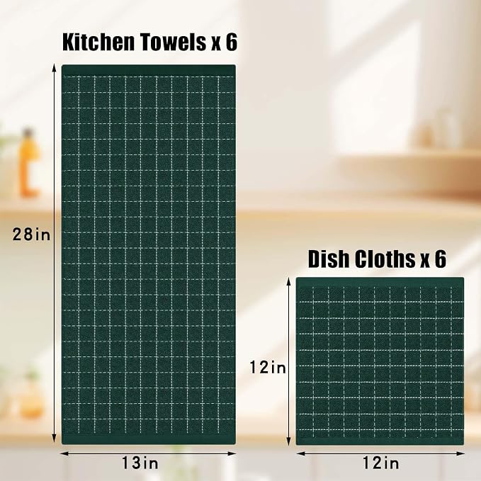 Homaxy Kitchen Towels and Dishcloths Set, 12 x 12 and 13 x 28 Inches, Set of 12 Bulk Cotton Terry Kitchen Towels Set, Checkered Designed, Soft and Super Absorbent Dish Towels, Blackish Green