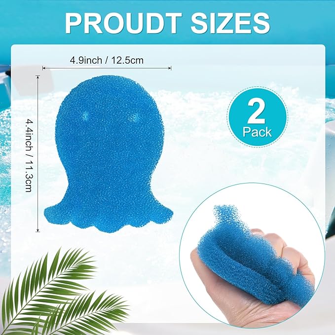 M METERXITY 2-Pack Hot Tub Scum Absorber, 12.5x11.3 Cm/4.9x4.4 Inch Sponge Octopus Pattern Scum Balls for Spa, Bathtub and Swimming Pool to Soak Up Oils Bathtub Accessories [Blue]