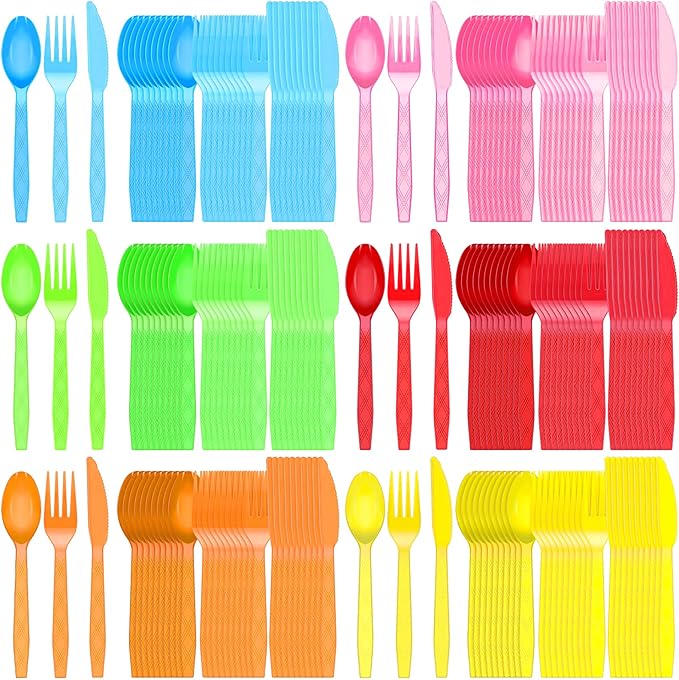 Hoolerry 180 Pcs Disposable Colorful Plastic Silverware Set Neon Party Rainbow Plastic Cutlery Utensils Bulk Includes Forks Spoons Knives for Parties Wedding Supplies Favors, 6 Colors