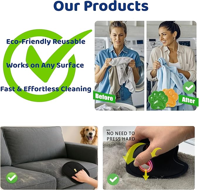 Reusable Pet Hair Remover for Laundry, Removes Dog & Cat Fur, Lint & Dander from Clothes, Furniture and Car Interior, Multi Surface Cat & Dog Fur Removal Tool, 3 in 1 Bundle