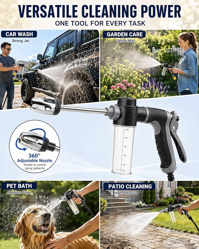 Heavy Duty Garden Hose Nozzle, 2026 Upgraded High Pressure Water Cleaning Jet, Multi-Function Sprayer for Lawn, Yard, Car, Pet, Driveway – Universal Fit 3/4 Inch Thread, No Electricity Needed