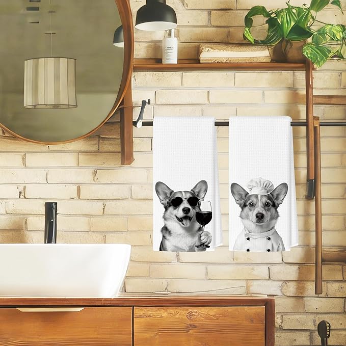 Funny Corgi Kitchen Towels Set of 2, Dog Kitchen Bar Accessories, Dog Chef Gifts for Women Decorative Hand Towels for Kitchen Decor, Corgi Lovers Dish Tea Towel, 16x24 Inch