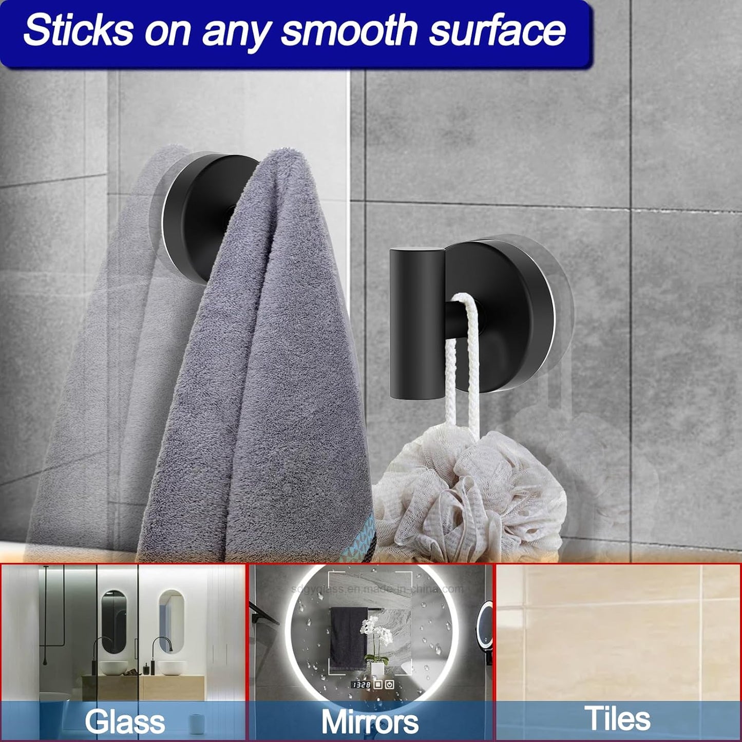 Suction Cup Hooks, Shower Hooks for Inside Shower – Removable Towel Hooks for Bathroom Window Glass Mirror Tile, Bath Robe Looafh Hook for Hanging – Waterproof & Rustproof, Black (4 Pack)