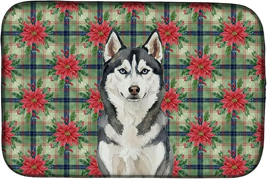 Caroline's Treasures Siberian Husky Christmas PoinsettIas Dish Drying Mat Absorbent Dish Drying Mat Pad for Kitchen Counter Dish Drainer Mat for Countertop, 14 x 21", Multicolor