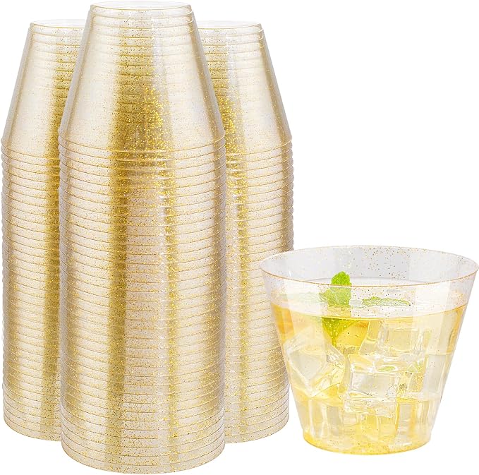 I00000 60 pcs Gold Plastic Cups - 9 OZ Hard Gold Glitter Plastic Cups For Cocktail and Drinking - Premium Disposable Cup with Gold Glitter For Fancy Wedding Party Cup