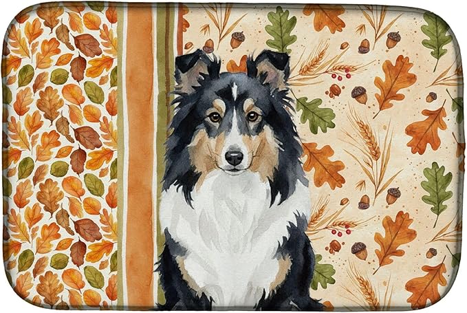 Caroline's Treasures Tricolor Sheltie Heirloom Fall Dish Drying Mat Absorbent Dish Drying Mat Pad for Kitchen Counter Dish Drainer Mat for Countertop, 14 x 21", Multicolor