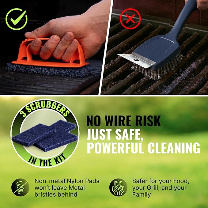 Citrusafe Grill Cleaning Kit - BBQ Cleaner Spray, Grill Exterior Spray, 2 Scrubber handles and 12 Scrubbing Pads