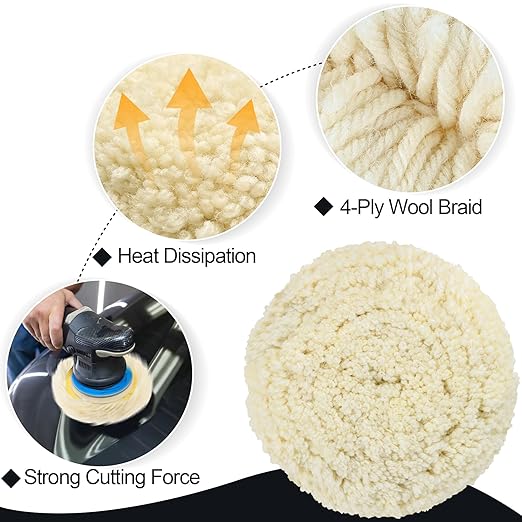3 PCS Wool Buffing Polishing Pads 6 Inch, Natural Wool Cutting Pads with Hook and Loop Backing Compound & Polishing for Automotive Car Boats Glass Furniture Repair