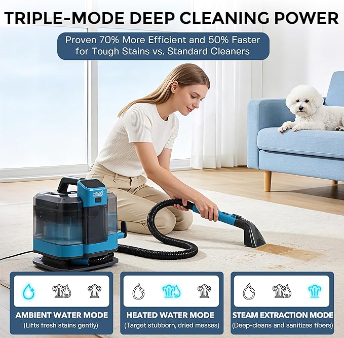 Hausmeister Hydroflex Pro Steam Portable Carpet Spot Cleaner with Steam, 1600W Upholstery Cleaner Machine, 18KPa Strong Suction, Cold/Hot/Steam Modes, Self-Cleaning, for Couch, Car Seats & Rugs