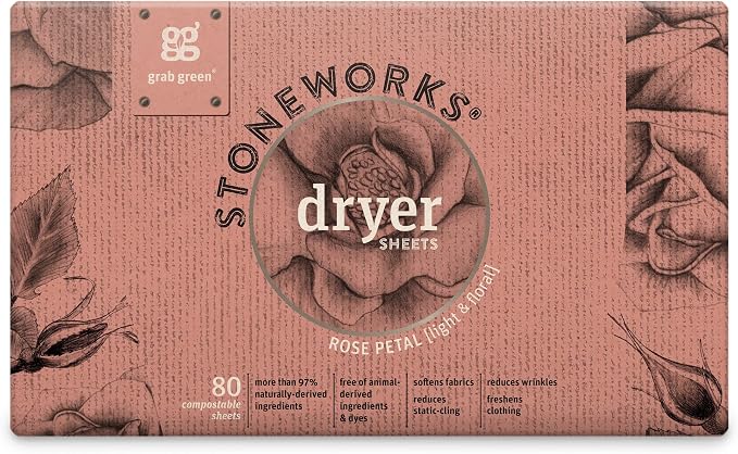 Grab Green Stoneworks Laundry Bundle, 50 Detergent Pods and 80 Dryer Sheets | Rose Petal Scent; Plant & Mineral-Based; Sustainable Dryer Sheets; No Harsh Chemicals; Fights Stains; Eliminates Odors