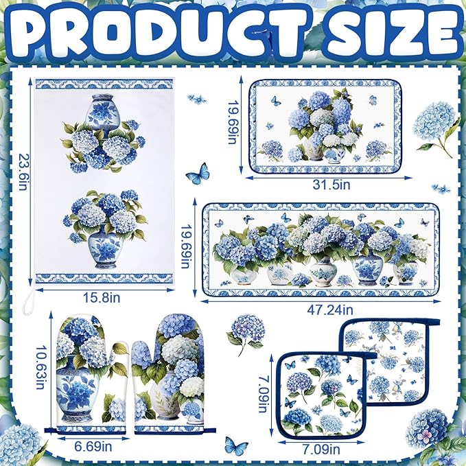 Fanfanwin 10 Pcs Blue and White Porcelain Chinoiserie Kitchen Decor Set Hydrangea Kitchen Towels Oven Mitts Pot Holders Hydrangea Rugs and Mats for Cooking Baking Mom Gift Home Decor