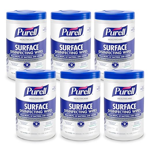 PURELL Healthcare Surface Disinfecting Wipes, 110 Count Canister, 7”x 10” Wipes (Pack of 6) – 9340-06