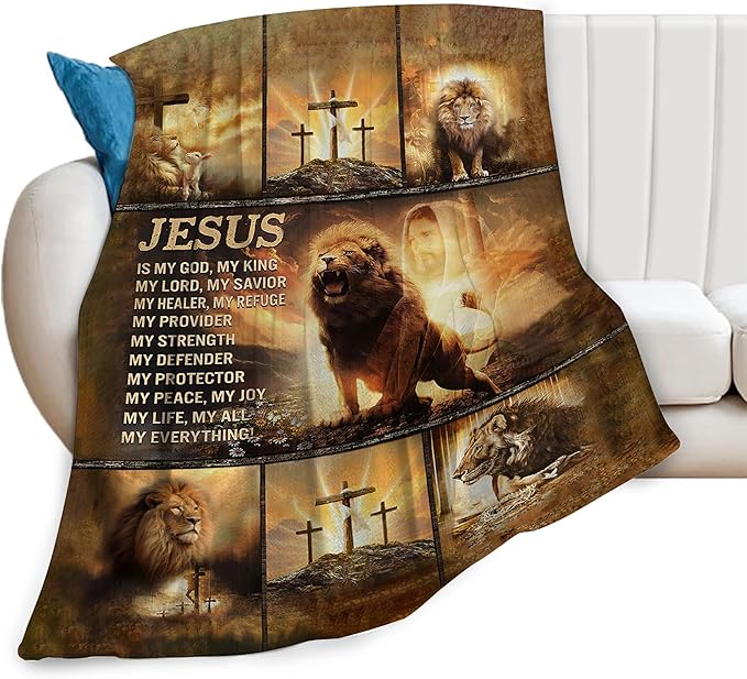 Christian Blanket for Men Christ Lion Jesus Religious Faith Throw Blanket Soft Cozy Warm Fuzzy Fleece Christian Bedroom Decor Blanket Gifts for Men Women Couch Sofa Bed 60"X50"
