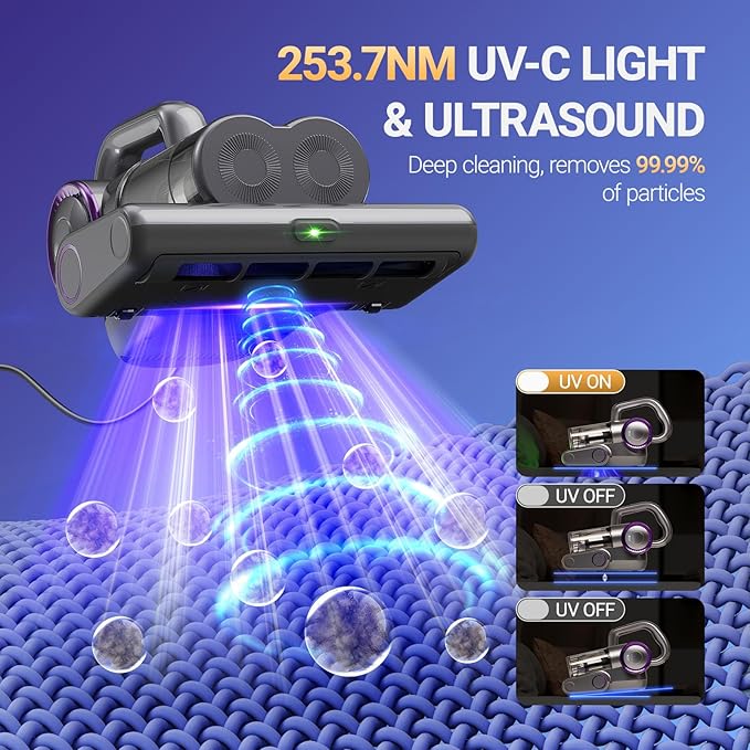 FEPPO Mattress Vacuum Cleaner, 16Kpa Bed Vacuum Cleaner with 253.7nm UV-C Light, 140°F Heat, HEPA Filter & Ultrasonic, Versatile Handheld Vacuums for Bed, Sofa, Couch, Crib(Corded, 500W)