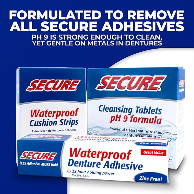 Secure Daily Cleansing Tablets - pH 9 Formula Thoroughly Cleans Dentures - Fights Odors, Stains & Germs - For Dentures, Nightguards, Retainers & Partials - 32 Tablets (2 Pack)