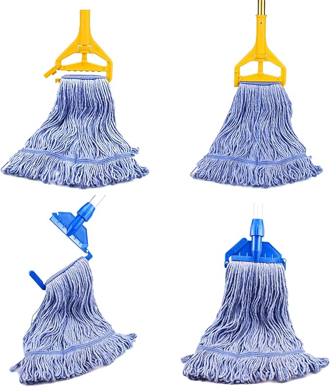 String Mop Heads Replacement Heavy Duty Commercial Grade Blue Cotton Looped End Wet Industrial Cleaning Mop Head Refills (3, Medium)