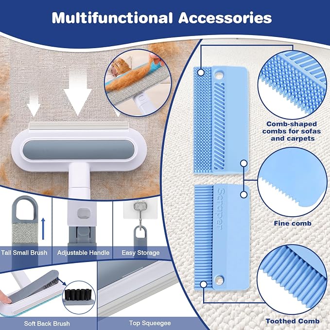 Carpet Rake for Pet Hair Removal: Adjustable 54" Handle No Bending | 3 in 1 Pet Hair Removal Tool Upgraded Silicone Metal Deep Clean Dog Cat Fur Remover Broom Reusable for All Rugs Couch Stairs