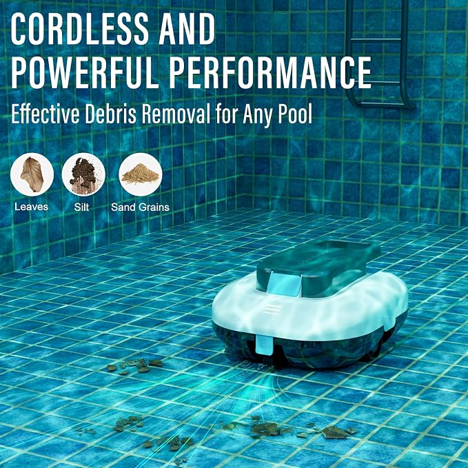 STARRYBOT Cordless Robotic Pool Cleaner with Dual high-Efficiency Motors Delivers Strong Suction, Smart Self-Parking,Smart LED Indicator,Pool Vacuum for Above-Ground Flat Pool up to 900 Sq.ft(White)