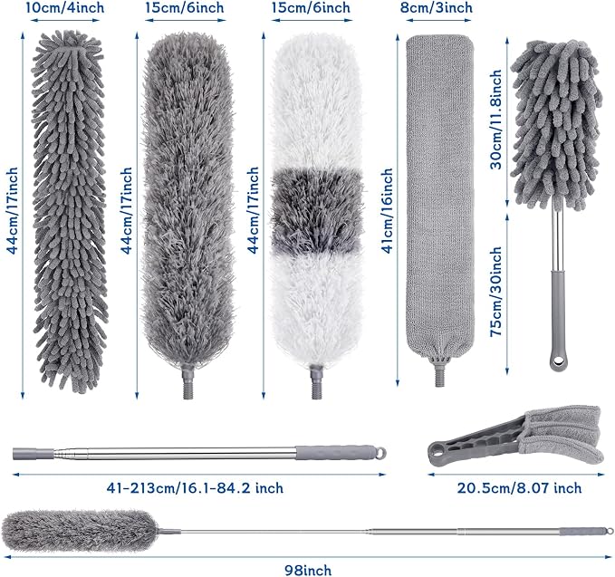 9PCS Dusters for Cleaning,Extendable Microfiber Duster with Extension Pole Up to 100'',Bendable Washable and Reusable Dusters Kit for Ceiling Fans, High Ceilings,Blinds,Furniture and Cars