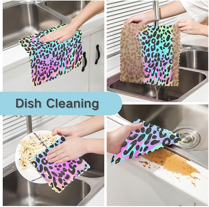 Rainbow Leopard Kitchen Towels Set of 6 Reusable Super Absorbent Dish Cloths for Washing Dishes Cars Home Machine Washable