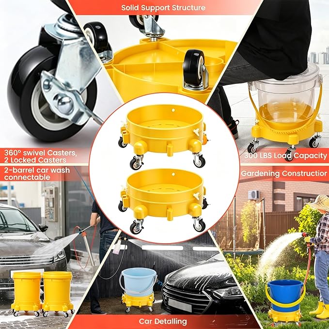 Heavy-Duty Bucket Dolly with Wheels, 5 Gallon Bucket Roller with Locking Casters & Secure Clamp, Rolling Bucket Cart for Cleaning, Gardening, Industrial Use, Max Load 300 Lbs (Yellow)