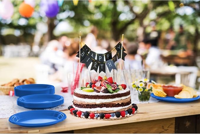Party Solids Dark Blue Plastic Plates For Party Supplies, Dark Blue Disposable Plates 100 Pieces - 50-7" & 50-9" Heavy Duty 350 GSM Disposable Dinnerware Sets, Plastic Dinnerware Sets