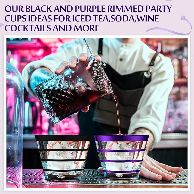 Gejoy 9 oz 100pcs Black and Purple Rimmed Stripe Plastic Cups Bulk Disposable Wine Hard Plastic Drinking Cocktail Cups Tumblers for Wedding Gathering Party Supplies(Black, Purple)