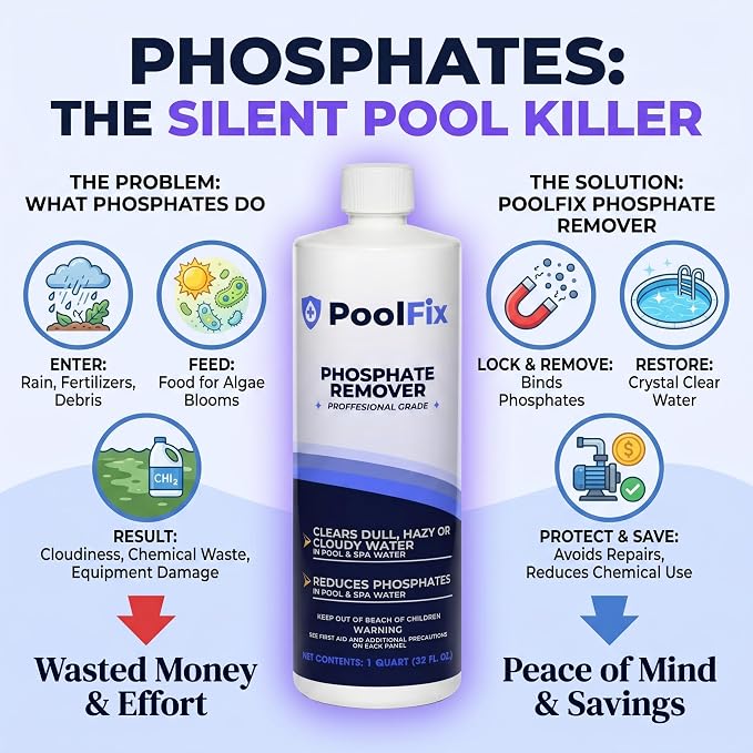 Phosphate Remover – 1 Quart Reduces Phosphates for Cleaner, Clearer Water & Improved Pool Clarity | Professional Grade - 32 oz Bottle