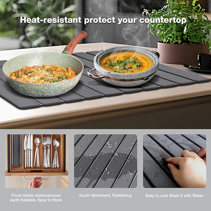 Large Diatomite Kitchen Counter Drying Mat – 24”x16”, Aesthetic Stone Mat for Dishes, Roll-Up Space-Saving & Quick-Drying Stone Rack