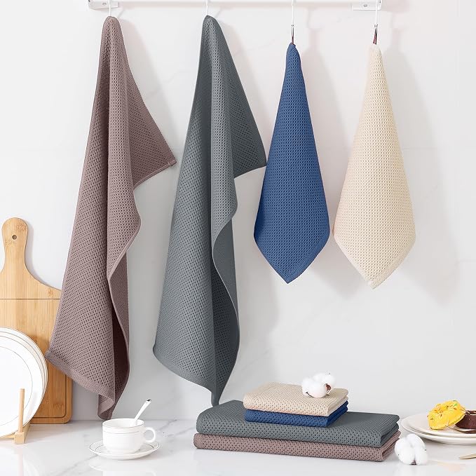 Homaxy 100% Cotton Kitchen Towels and Dishcloths Set, 12 x 12 Inches and 13 x 28 Inches, Set of 10 Bulk Kitchen Towels Set, Ultra Soft Absorbent Dish Cloths for Washing Dishes, Grey/Beige/Blue/Brown