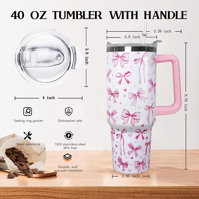 Ceovfoi 40 Oz Pink Bow Tumbler With Handle, Pink Bow Decor Coffee Travel Mug Cup Water Bottle, Gifts for Women Girls