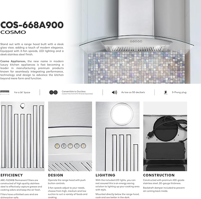 COSMO COS-668A900 36 in. Vista Collection 380 CFM Ducted Wall Mount Range Hood, Button Controls, LED Lights, Stainless Steel