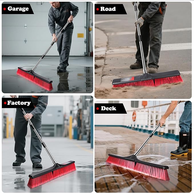 MASTERTOP 24" Push Broom Outdoor, Heavy Duty Garden Brush Broom with 58" Long Handle and Stiff Bristles,Commercial Outdoor Broom for Deck Driveway Garage Yard Patio Warehouse Concrete Floor Cleaning