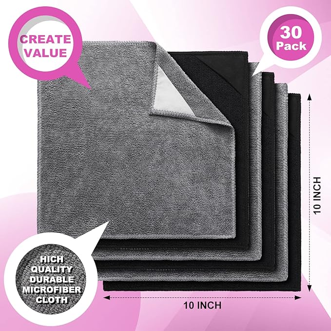 Tudomro 30 Pcs Magnetic Microfiber Cleaning Cloth Dry Erasers Bulk for Most Whiteboards Dry Erase Cloth Cleaner Reusable, Home, Office, 10'' x 10''(Black, Gray)